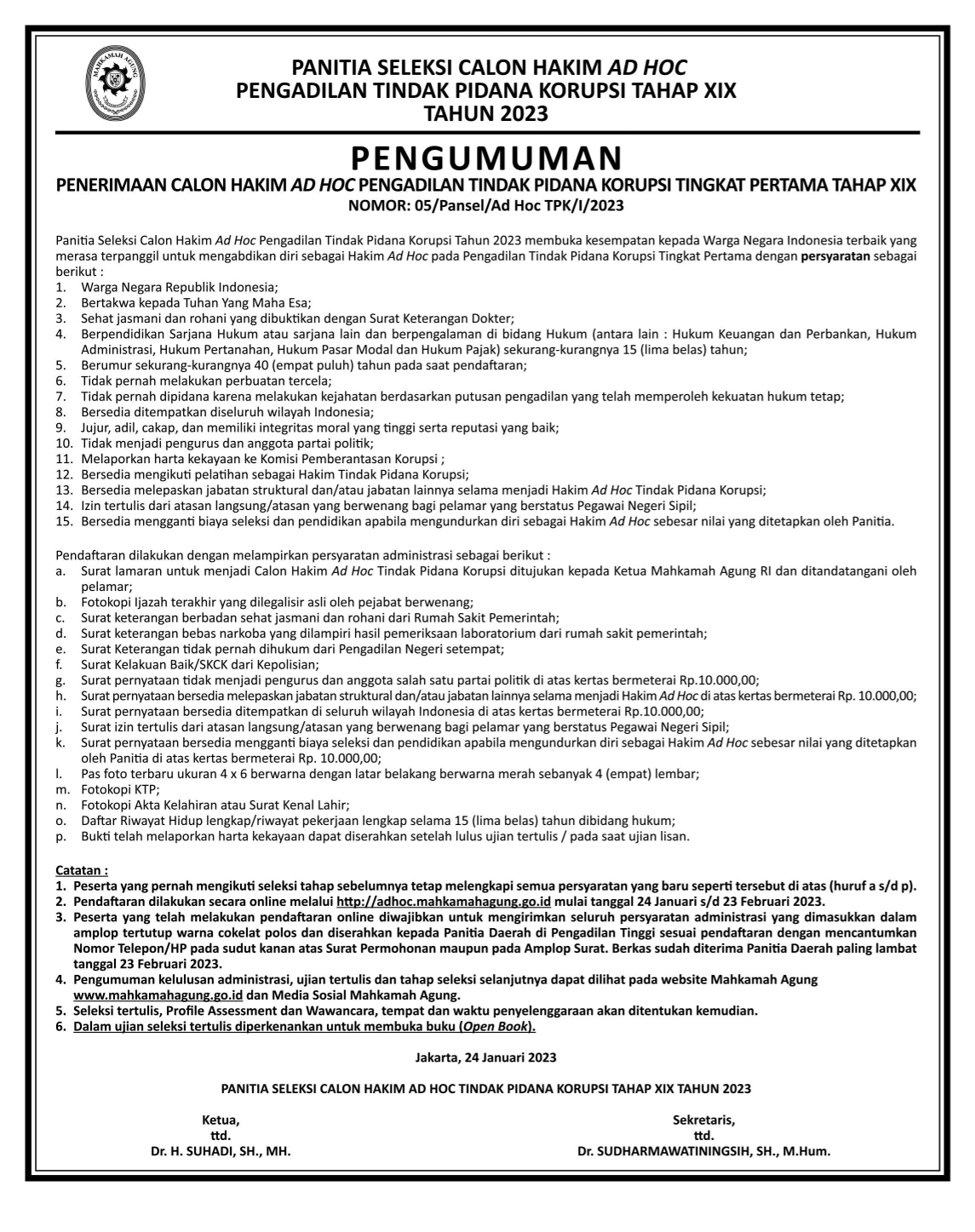 PENERIMAAN CALON HAKIM AD HOC PENGADILAN TINDAK PIDANA KORUPSI TINGKAT PERTAMA TAHAP XIX