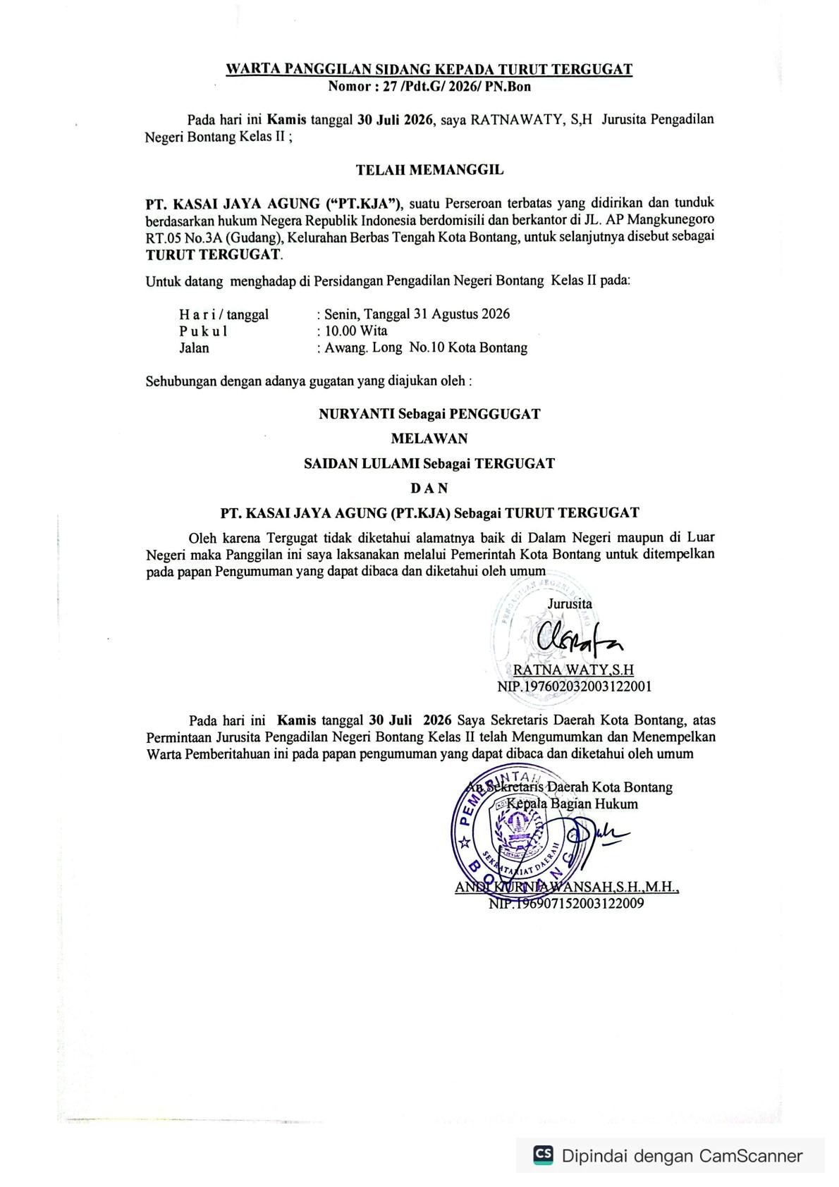 BERITA PANGGILAN SIDANG KEPADA TERMOHON.