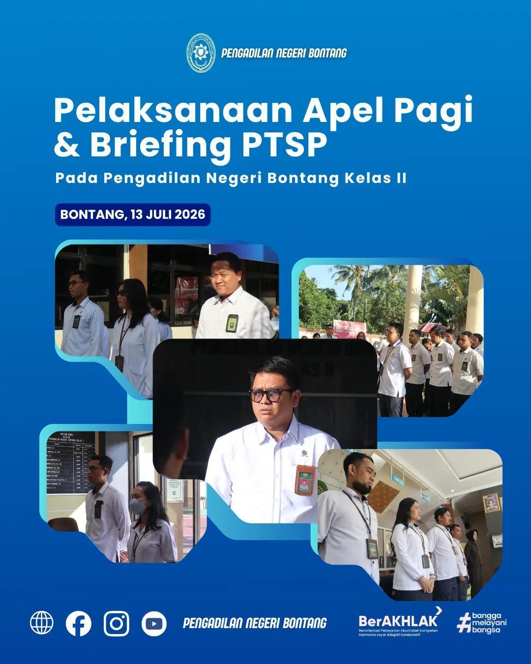 Pengadilan Negeri Bontang menggelar Apel Pagi rutin yang diikuti oleh seluruh aparatur pengadilan, mulai dari Hakim, Aparatur Sipil Negara (ASN), Tenaga Outsourcing, hingga Mahasiswa Magang.
