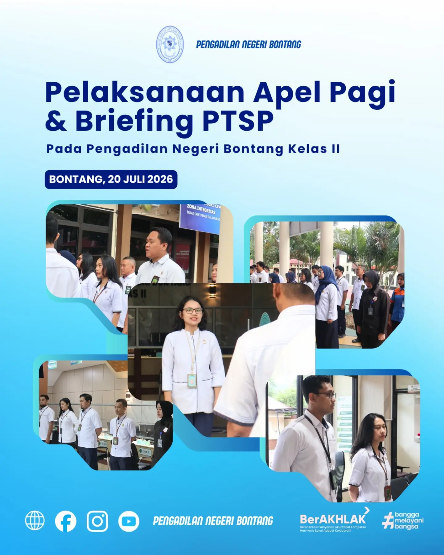 Pengadilan Negeri Bontang Kelas II melaksanakan Apel Pagi yang dirangkaikan dengan Briefing Pelayanan Terpadu Satu Pintu (PTSP), diikuti oleh seluruh aparatur dan tenaga outsourcing Pengadilan Negeri Bontang.