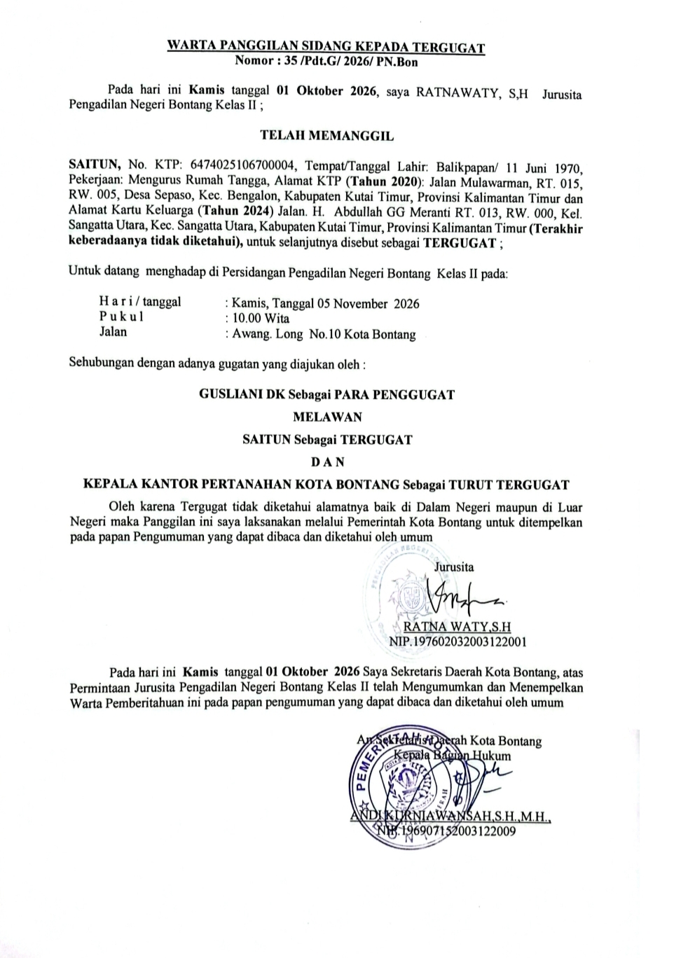 BERITA PANGGILAN SIDANG KEPADA TERMOHON.