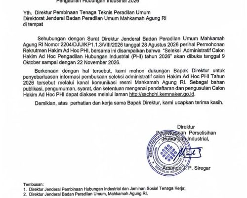 PERMOHONAN BANTUAN PUBLIKASL INFORMASI PEMBUKAAN SELEKSI ADMINISTRATIF CALON HAKIM AD HOC PENGADILAN HUBUNGAN INDUSTRIAL 2026.